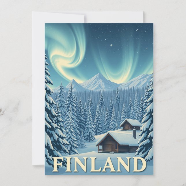 Finland Northern Lights Winter Cabin Flat Card Julkort (Framsida)