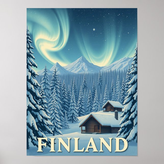 Finland Northern Lights Winter Cabin Poster Print (Framsidan)