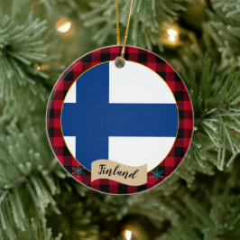 Finland, rödbuffel plaid och finsk Flagga Julgransprydnad Keramik