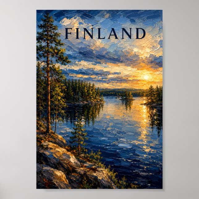 Finland: Serene Sunset Lake Art Souvenir Poster (Framsidan)