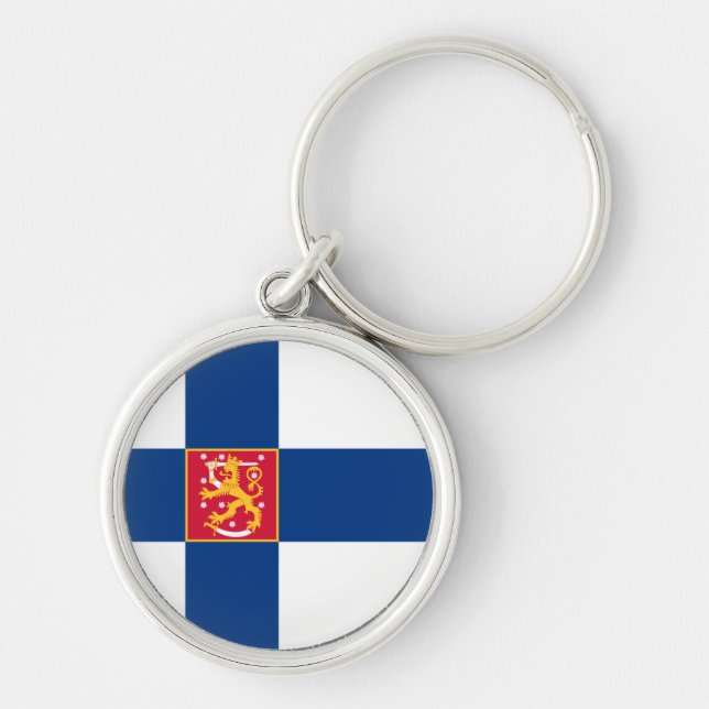 Finland statlig flagga Keychain Rund Silverfärgad Nyckelring (Framsidan)