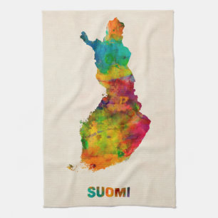 Finland vattenfärgkarta (Suomi) Kökshandduk