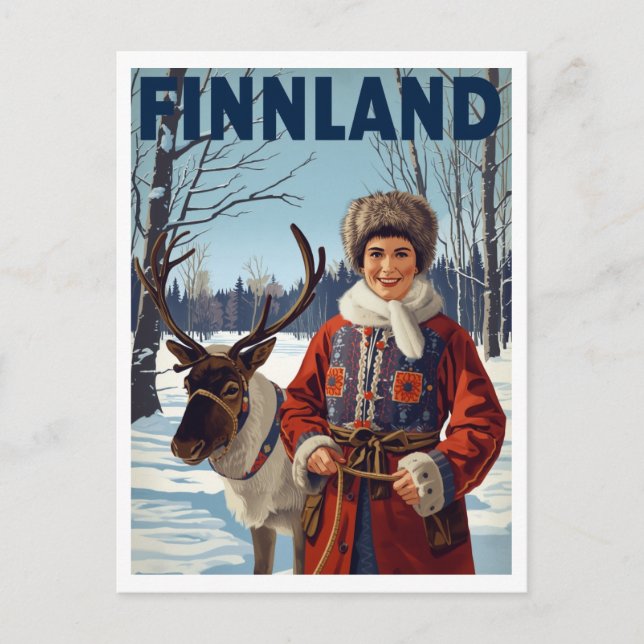 Finland Vinter Ren Same Kvinna Vykort (Framsida)