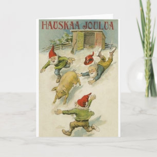 Finlandssvensk älva- och grisjulkort för vintage helgkort