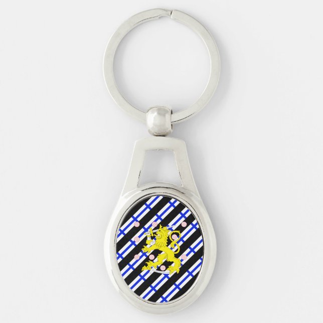 Finlandssvensk randflagga ovalt silverfärgad nyckelring (Framsidan)