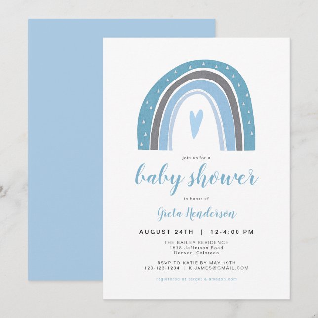 FINN | Bohemian Dusty Blue Rainbow Baby Shower Inbjudningar (Fram/baksida)