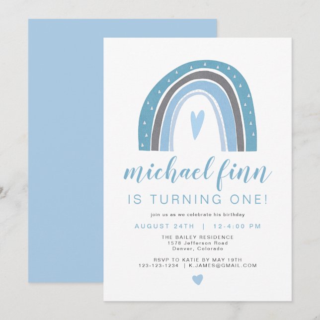 FINN | Dusty Blue Boho Rainbow Heart Boy Birthday Inbjudningar (Fram/baksida)
