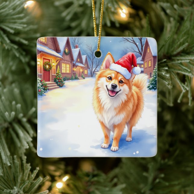 Finnish Lapphund Snowy Village Santa Hat Christmas Julgransprydnad Keramik (Träd)