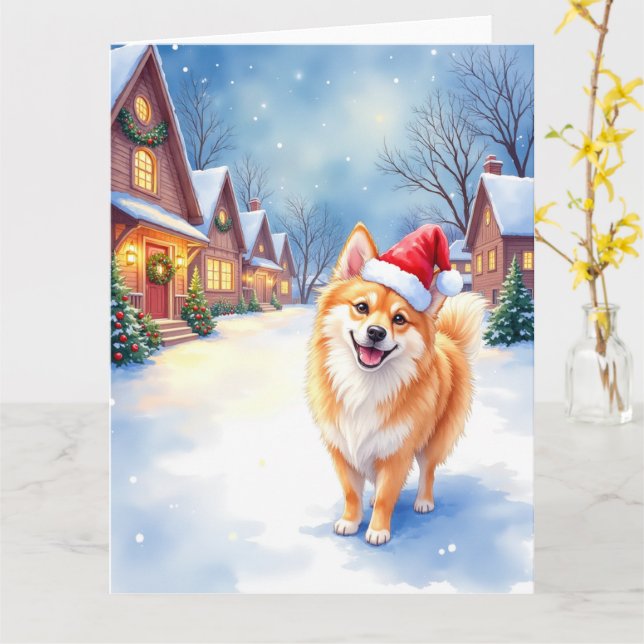 Finnish Lapphund Snowy Village Santa Hat Christmas Kort (Gul blomma)