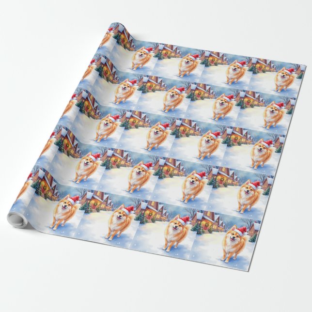 Finnish Lapphund Snowy Village Santa Hat Christmas Presentpapper (Utrullad)