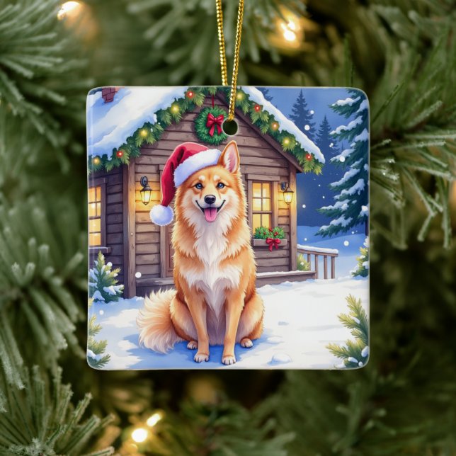 Finnish Spitz Snowy Cabin Santa Hat Christmas Art Julgransprydnad Keramik (Träd)