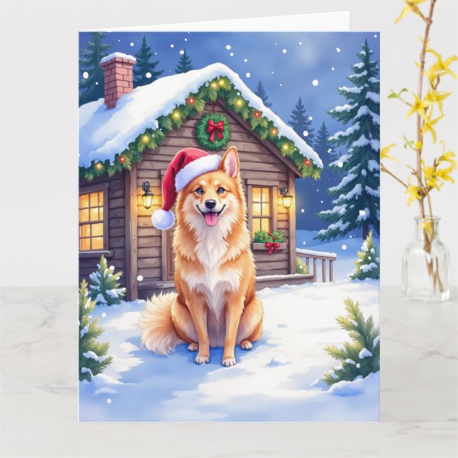 Finnish Spitz Snowy Cabin Santa Hat Christmas Art Kort (Gul blomma)
