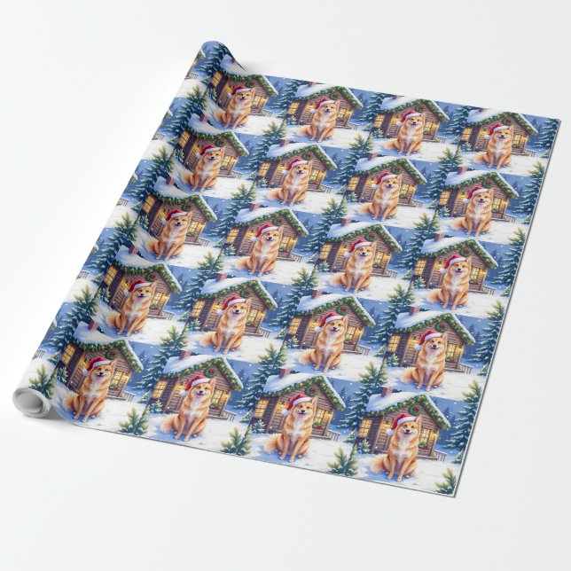 Finnish Spitz Snowy Cabin Santa Hat Christmas Art Presentpapper (Utrullad)