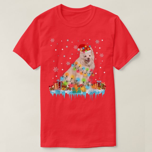 Finny American Eskimo Hund Träd jul Ljus Xm T Shirt (Design framsida)
