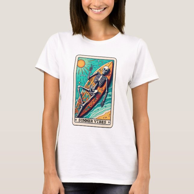 Finny Beach Summer Vibes Surfboard Skeleton Tarot T Shirt (Framsida)