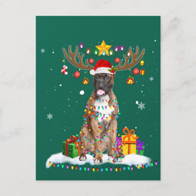 Finny Boxer Hund jul Reindeer jul Vykort (Framsida)