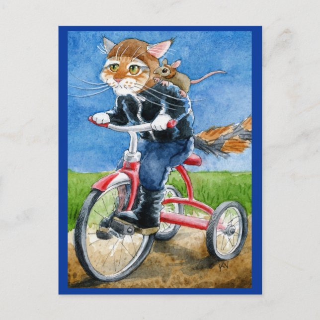 Finny Cat Riding Tricycle-vykort Vykort (Framsida)