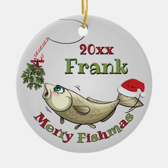 Finny Fishjul - Merry Fishmas Mistletoe Julgransprydnad Keramik (Framsidan)