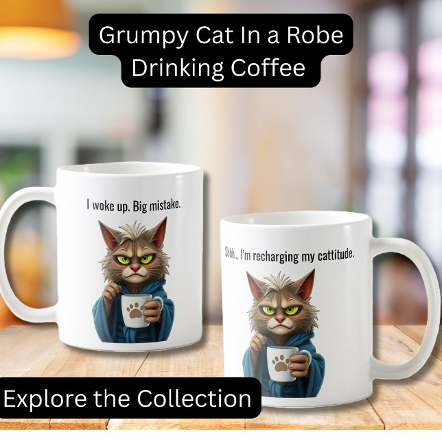 Finny Grumpy Cat in a Robe and Coffee Cat Kaffemugg (Funny Grumpy Cat in a Robe with Coffee.  Perfect gifts, Cat lovers, Coffee Lovers)