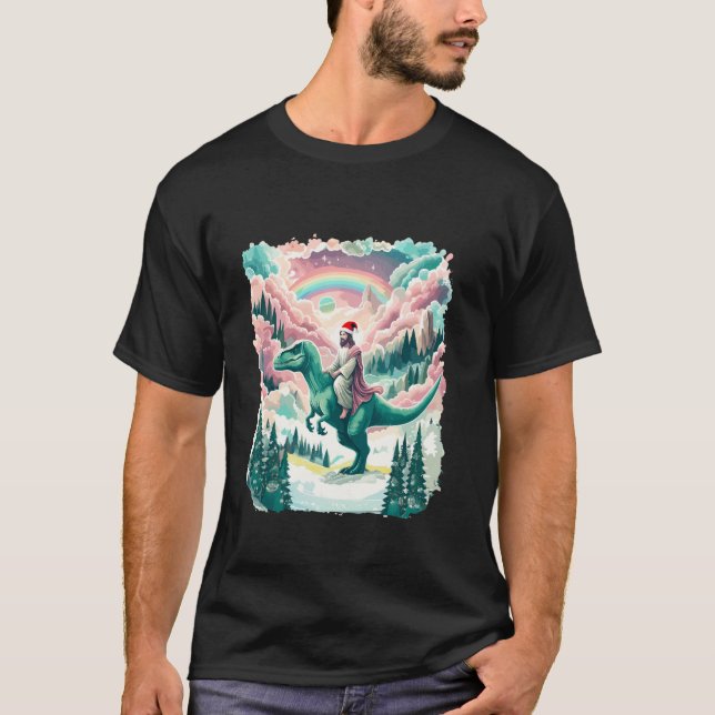 Finny Jesus Riding T Rex Dinosaur Meme jul B Shirt (Framsida)