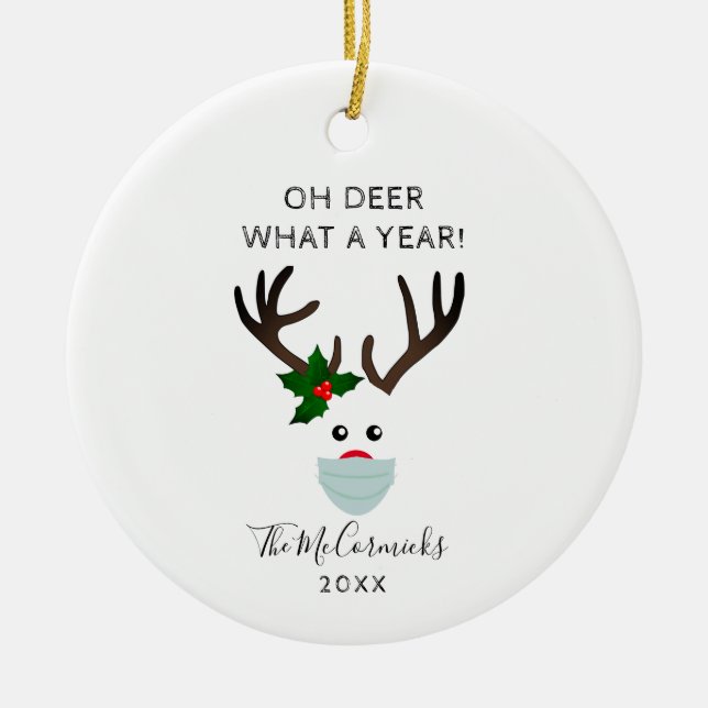 Finny jul 2020: Reindeer Wearing Ansikte Mask Julgransprydnad Keramik (Framsidan)