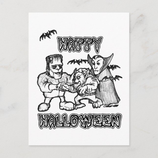 Finny Monsters - Happy halloween vykort (Framsida)
