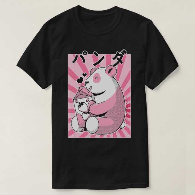 Finny Panda Bear Retro 90s Japansk Kawaii Strawbe T Shirt (Design framsida)