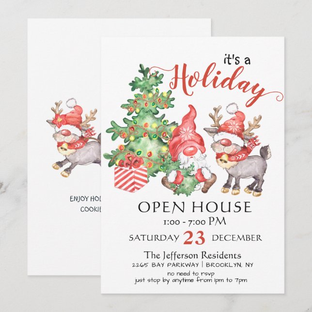 Finny Santa Gnomes jul - Helgdag Open House Inbjudningar (Fram/baksida)