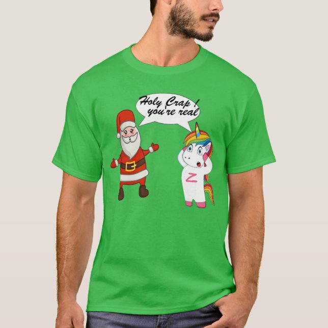 Finny Santa och Unicorn Surprise God Jul T Shirt (Framsida)