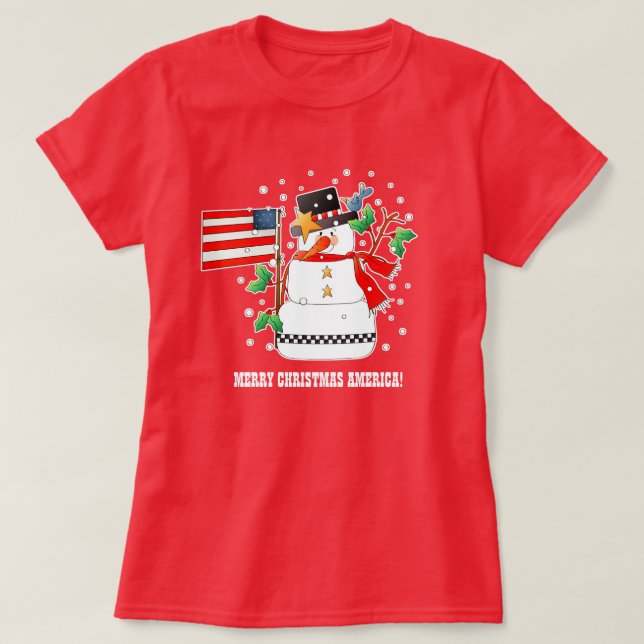 Finny Snögubbe med USA flagga jul T-Shirts (Design framsida)