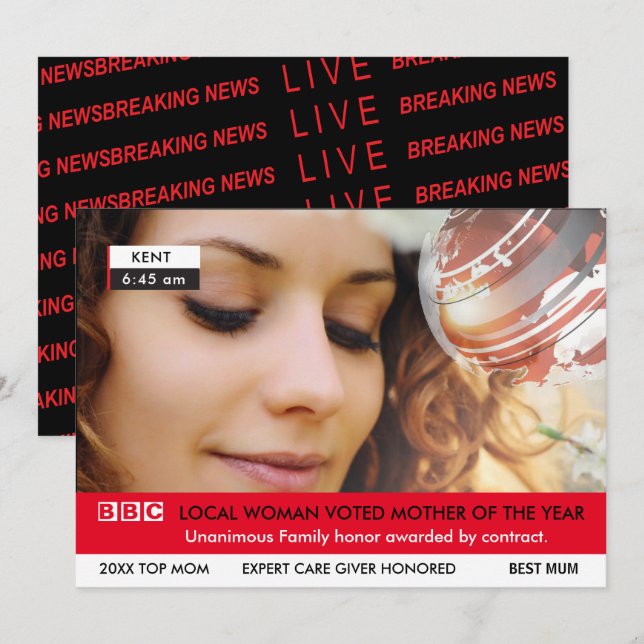 Finny UK Mor's Day 🎉 Fake TV News Card Inbjudningar (Fram/baksida)