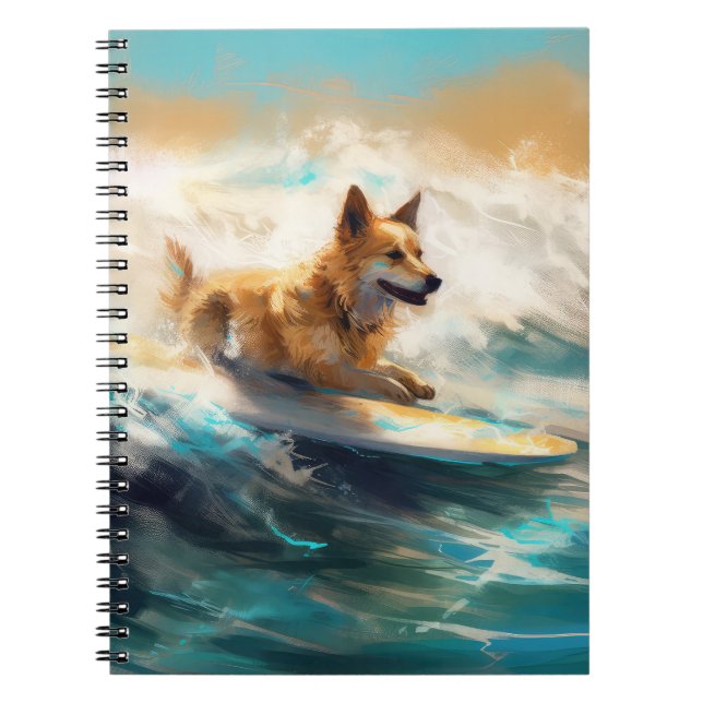 Finsk apphund Beach Surfing Painting Anteckningsbok (Framsidan)