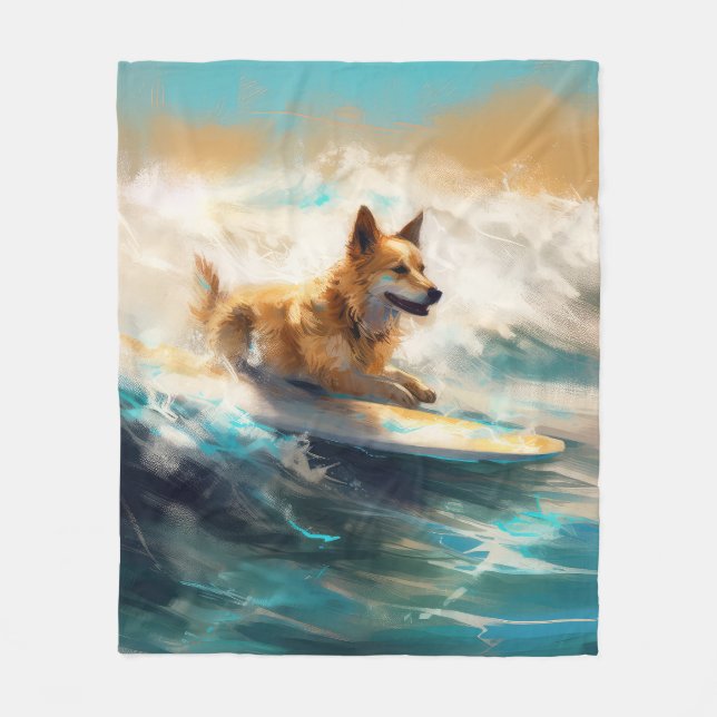 Finsk apphund Beach Surfing Painting Fleecefilt (Framsidan)