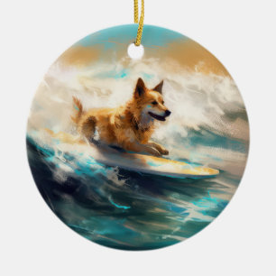 Finsk apphund Beach Surfing Painting Julgransprydnad Keramik