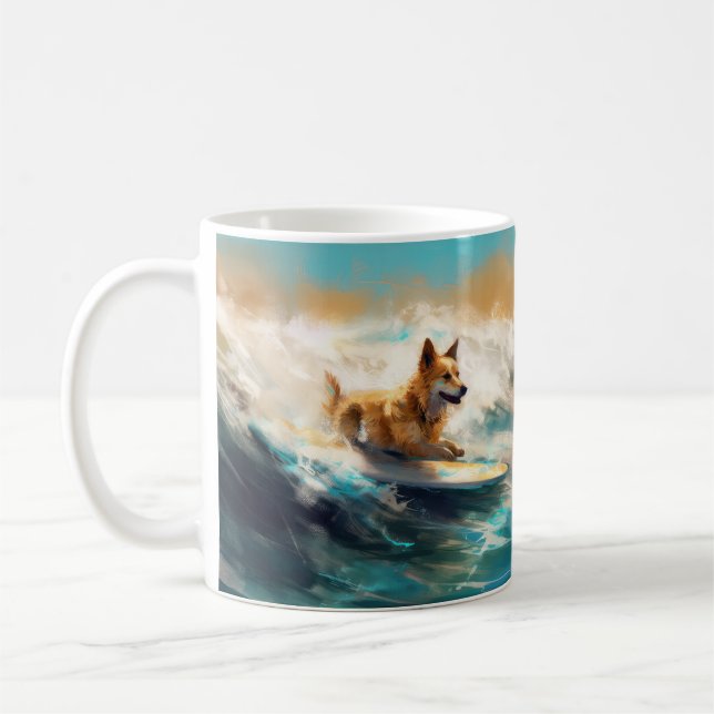 Finsk apphund Beach Surfing Painting Kaffemugg (Vänster)