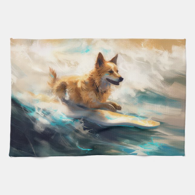 Finsk apphund Beach Surfing Painting Kökshandduk (Horisontell)