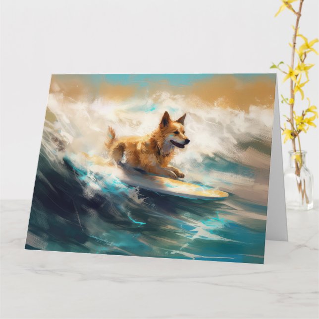 Finsk apphund Beach Surfing Painting Kort (Gul blomma)