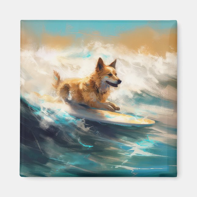 Finsk apphund Beach Surfing Painting Magnet (Framsidan)