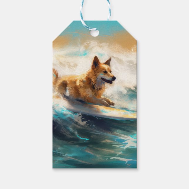 Finsk apphund Beach Surfing Painting Presentetikett (Framsidan)