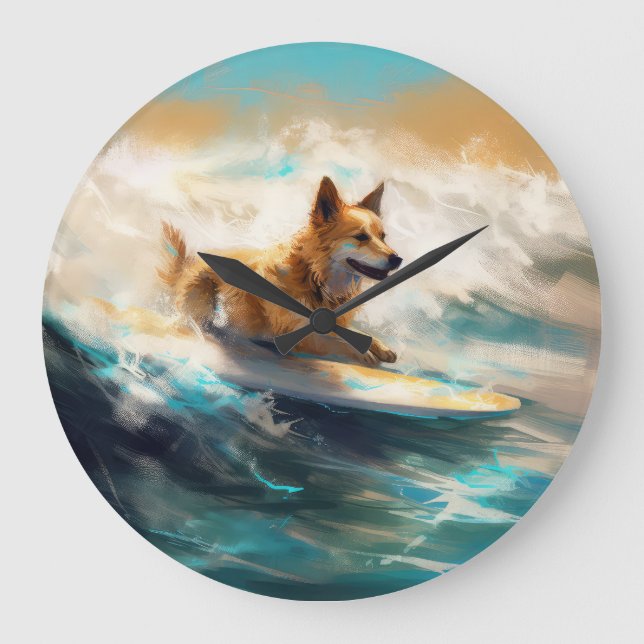 Finsk apphund Beach Surfing Painting Stor Klocka (Framsida)