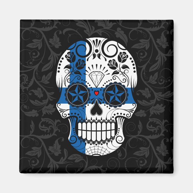 Finsk Flagga Sugar Skull med Ro Magnet (Framsidan)