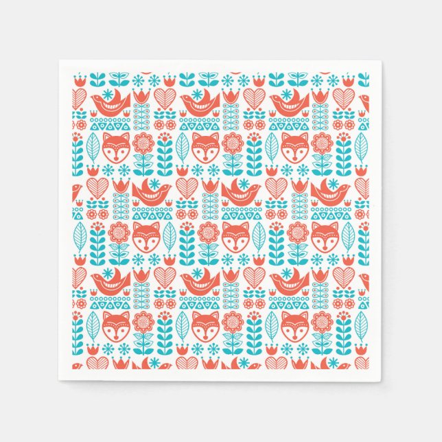 Finsk fox & Bird Folk Art Mönster Pappersservett (Framsidan)