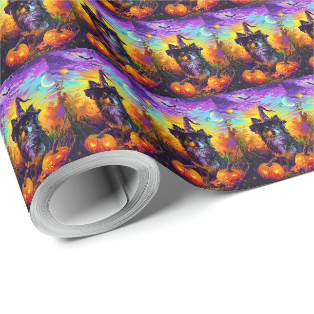 Finsk Lapphund Hund Halloween Häxa Och Pumpa Presentpapper (Rulle Hörn)