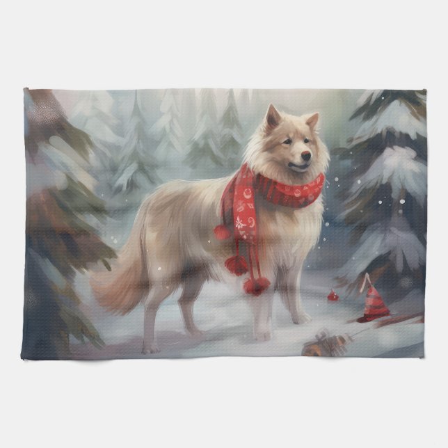 Finsk Lapphund Hund i Snö Jul  Kökshandduk (Horisontell)