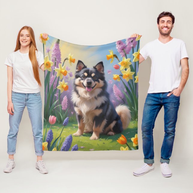 Finsk Lapphund Hund Vårblommor Målning Fleecefilt (På plats)