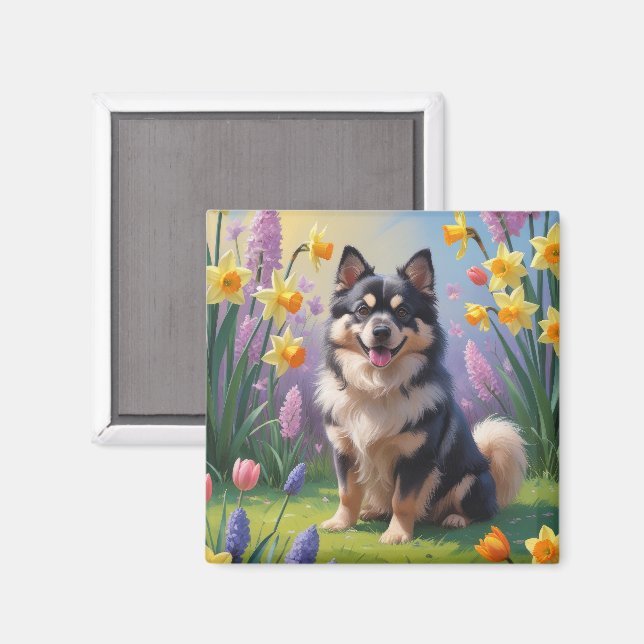 Finsk Lapphund Hund Vårblommor Målning Magnet (Front/Back)