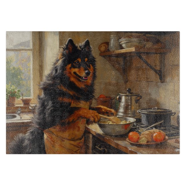 Finsk Lapphund lagar mat i köket (Framsidan)