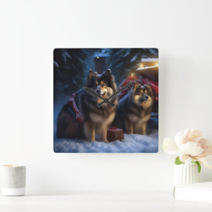 Finsk Lapphund Snöig släde juldekoration Fyrkantig Klocka