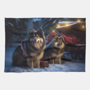Finsk Lapphund Snöig släde juldekoration Kökshandduk