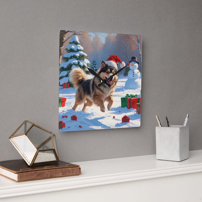 Finsk Lapphund springer i snö med julhatt Fyrkantig Klocka (Kontor)